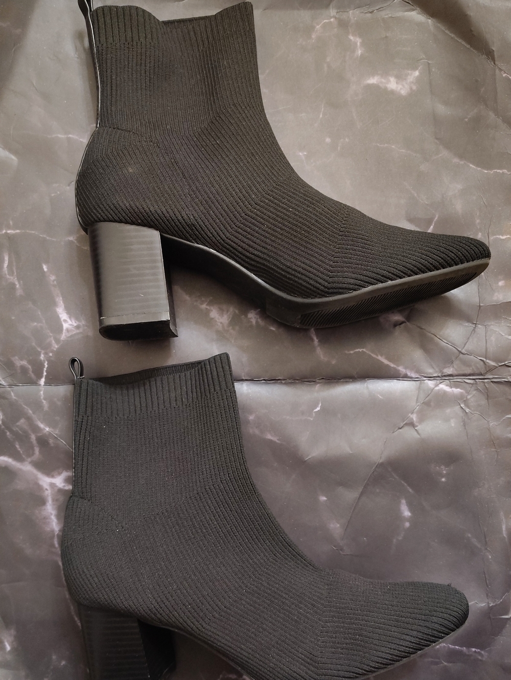 Comfort Colors Black Knit Sock Ankle Boots with Block Heel